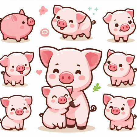 Illustration of a Cute Piglet Set with Different Emotionsのイラスト素材