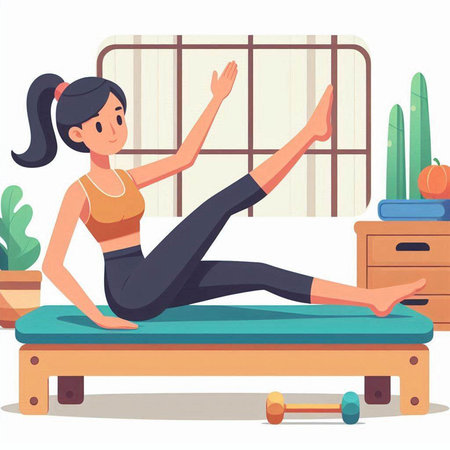 Woman practicing yoga at home. Vector illustration in flat cartoon style.のイラスト素材