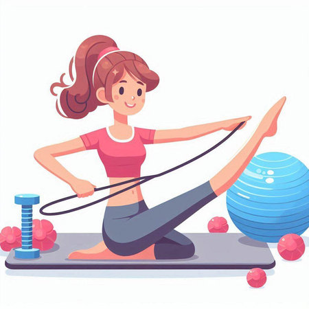 Young woman doing fitness exercise with fit ball. Vector illustration in cartoon styleのイラスト素材