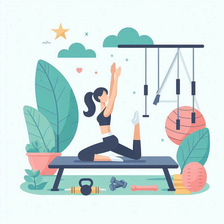 Young woman doing yoga exercise in the gym. Flat vector illustration.のイラスト素材