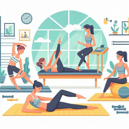 People practicing yoga at home. Vector illustration in flat cartoon style.のイラスト素材