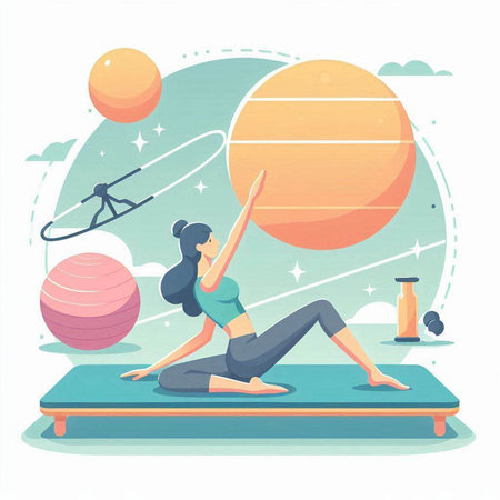 Illustration of a woman doing yoga on a mat. Vector illustration.のイラスト素材