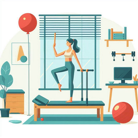 Sporty young woman doing yoga exercises at home. Vector illustration.のイラスト素材
