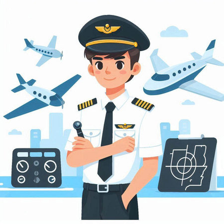 Pilot in uniform on background of planes. Cartoon vector illustration.のイラスト素材