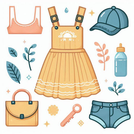 Set of women's clothes and accessories. Vector illustration in a flat style.のイラスト素材