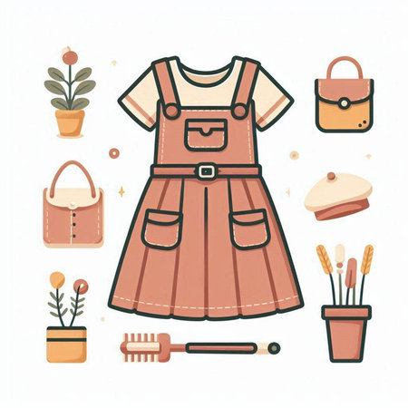 Vector illustration of woman's clothing and accessories. Hand drawn style.のイラスト素材