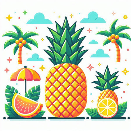Tropical summer vector illustration. Pineapple, watermelon, orange, palm, umbrella on white background.のイラスト素材