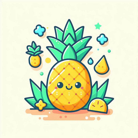 Cute cartoon pineapple character with juicy fruits. Vector flat illustration.のイラスト素材