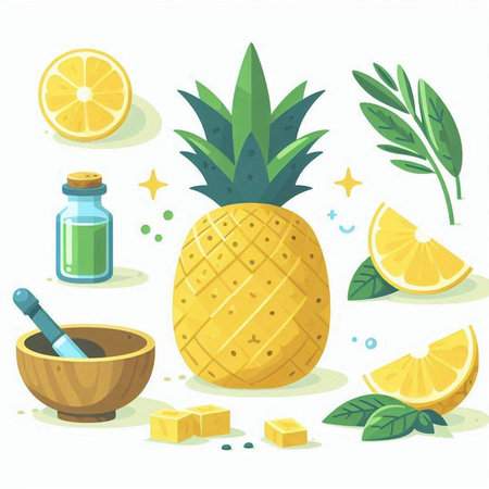 Pineapple, lemon, mint, honey, salt, olive oil, and mortar. Vector illustration.のイラスト素材