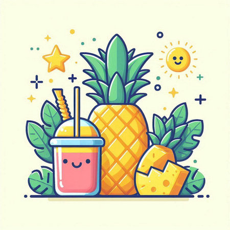 Pineapple and smoothie. Vector illustration in flat style.のイラスト素材