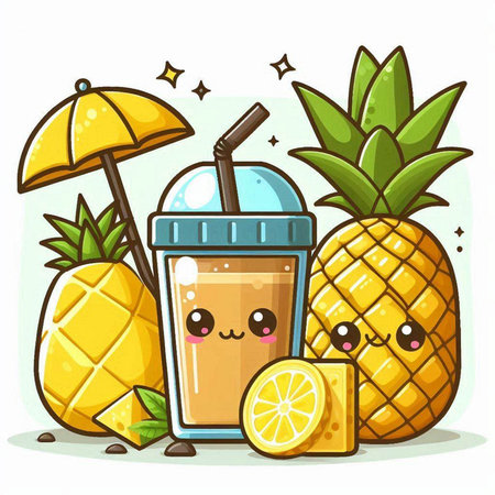 Cute cartoon pineapple smoothie with lemon and straw. Vector illustrationのイラスト素材