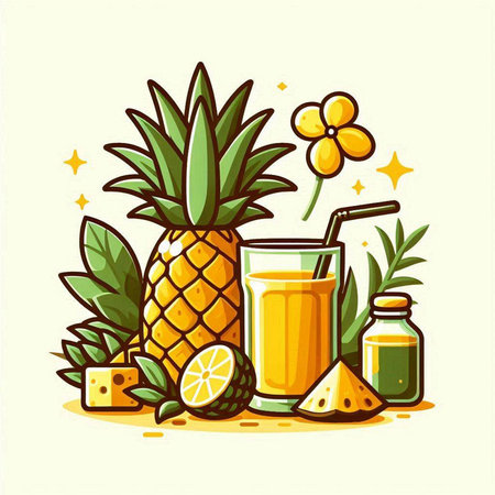 Pineapple juice in a glass and ingredients. Vector illustration.のイラスト素材