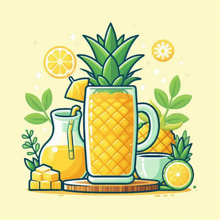 Pineapple juice in a glass and a jug. Vector illustration.のイラスト素材