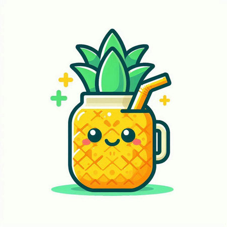 Cute Pineapple Juice Cartoon Mascot Character Vector Illustrationのイラスト素材