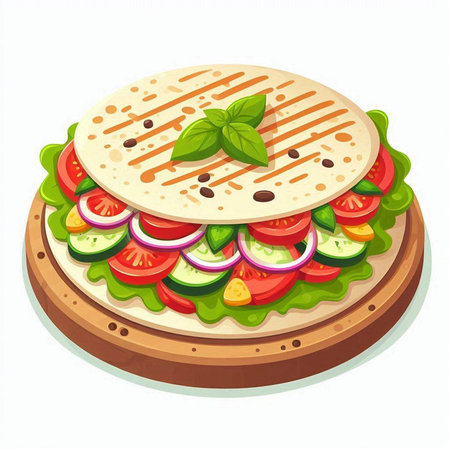 Tortilla with vegetables on a white background. Vector illustration.のイラスト素材