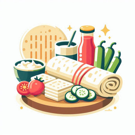 Mexican food flat vector illustration. Traditional mexican meal, burrito, burrito, quesadilla, tortilla, chili pepper, cucumber, ketchupnnaiseのイラスト素材