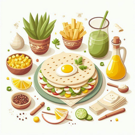 Healthy breakfast set with pancakes, eggs, avocado, olive oil, cinnamon, pepper, salt and spices. Vector illustration.のイラスト素材