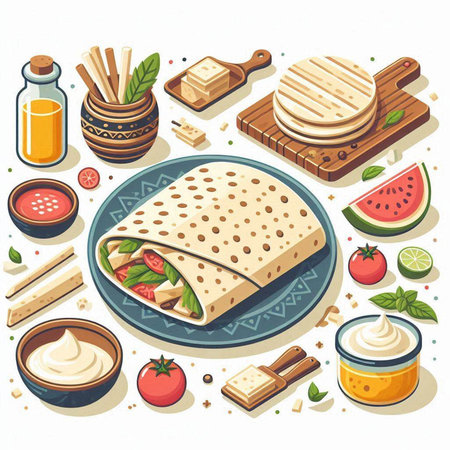 Pita bread and ingredients for making it. Vector illustration in cartoon style.のイラスト素材