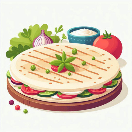 Tortilla with vegetables and sauce. Vector illustration in cartoon style.のイラスト素材