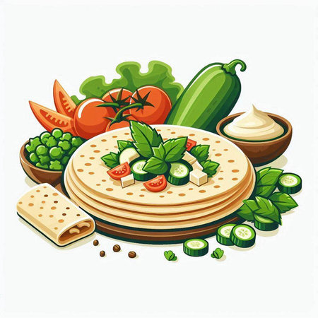 Vector illustration of tortillas with vegetables and cheese on a white backgroundのイラスト素材