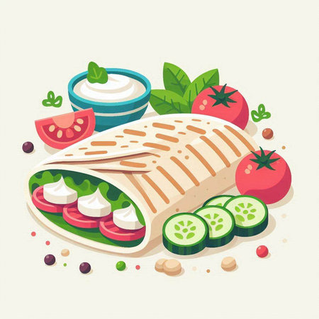 Tortilla with mozzarella, tomato and cucumber. Vector illustration.のイラスト素材