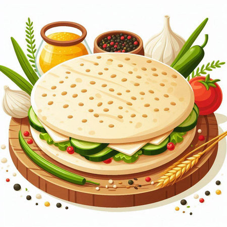 Illustration of a tortilla with vegetables and spices on a white backgroundのイラスト素材