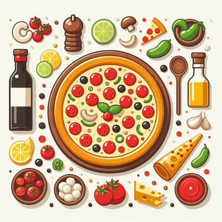 Pizza and ingredients. Vector illustration in flat style. Isolated on white background.のイラスト素材