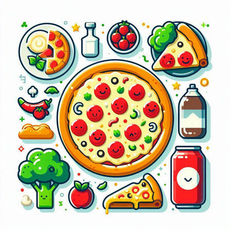 Pizza and ingredients. Vector illustration in flat style. Isolated on white background.のイラスト素材