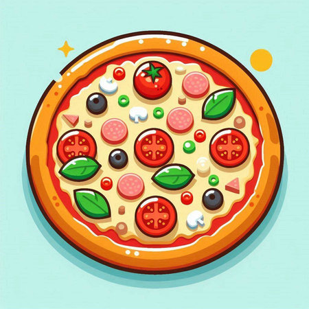 Pizza with tomato, mozzarella and olives. Vector illustration.のイラスト素材