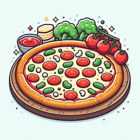 Pizza with tomato, mozzarella and olives. Vector illustrationのイラスト素材