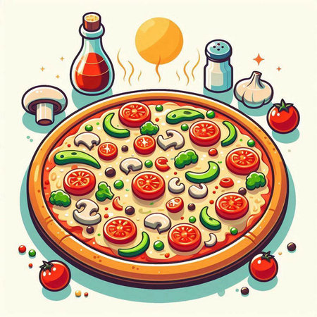 Pizza with mushrooms, tomatoes and cheese. Vector illustration of pizza.のイラスト素材