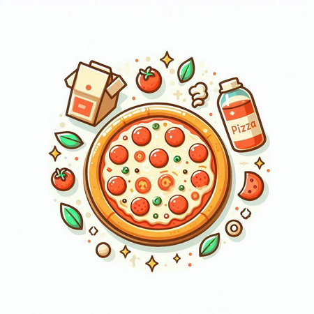 Pizza icon. Vector illustration of pizza with tomato and cheese.のイラスト素材