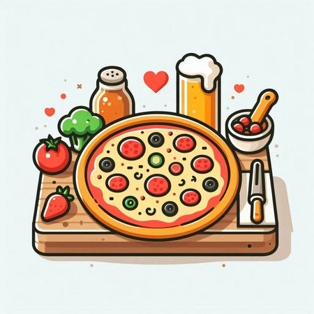 Pizza with tomato, mozzarella and olives. Vector illustration.のイラスト素材
