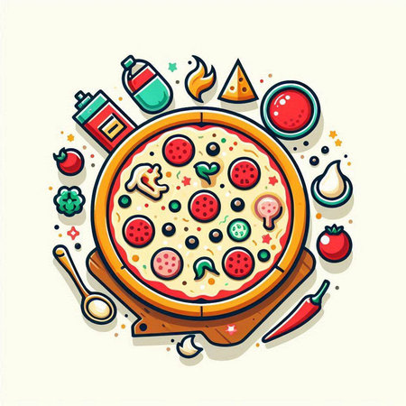 Pizza slice with ingredients for cooking. Vector illustration in cartoon style.のイラスト素材