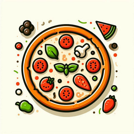 Pizza with strawberry, pepper and basil. Hand drawn vector illustration.のイラスト素材
