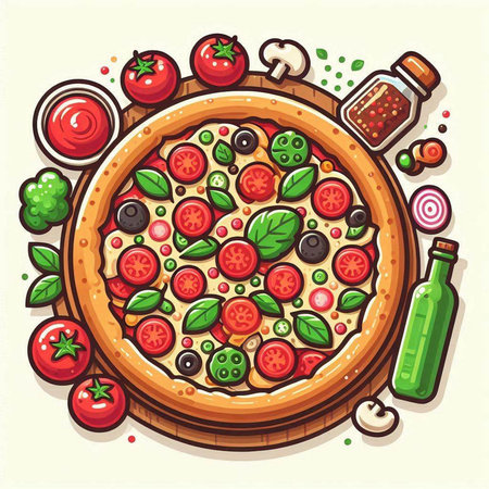 Pizza with tomatoes, olives and basil. Vector illustration.のイラスト素材
