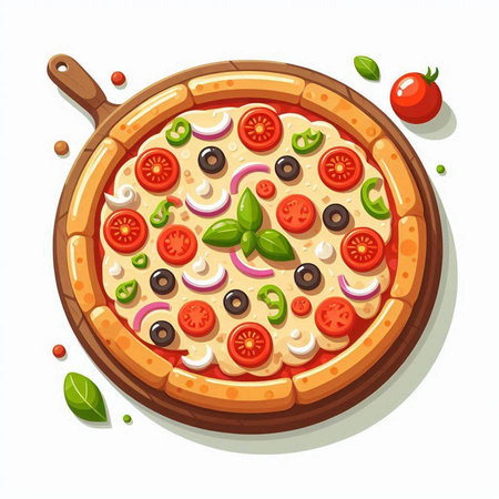 Pizza with mozzarella, tomato, olives and basilのイラスト素材