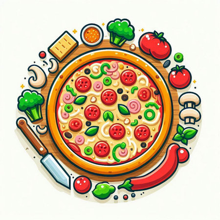 Pizza with ingredients on wooden board. Vector illustration of pizza with ingredients.のイラスト素材