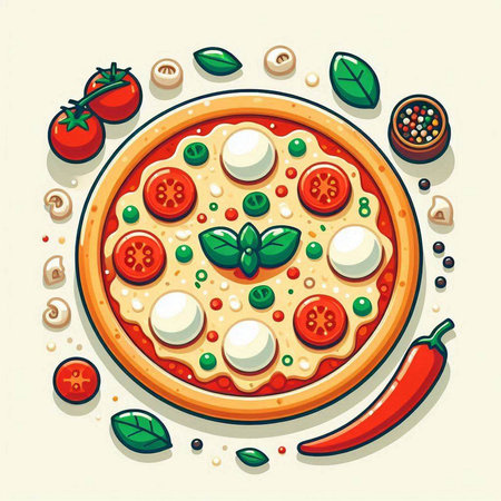 Pizza with mozzarella, tomatoes and basil. Vector illustrationのイラスト素材