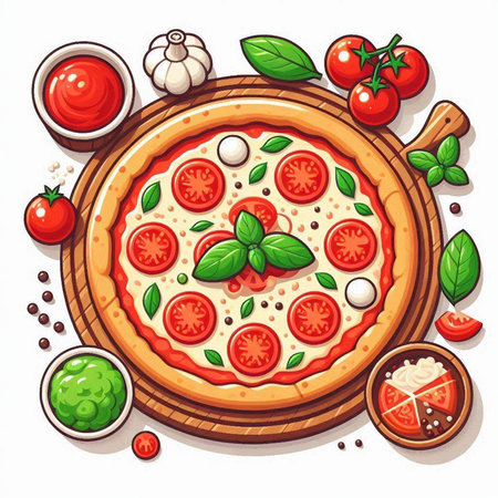 Pizza with tomatoes, mozzarella and basil. Vector illustrationのイラスト素材