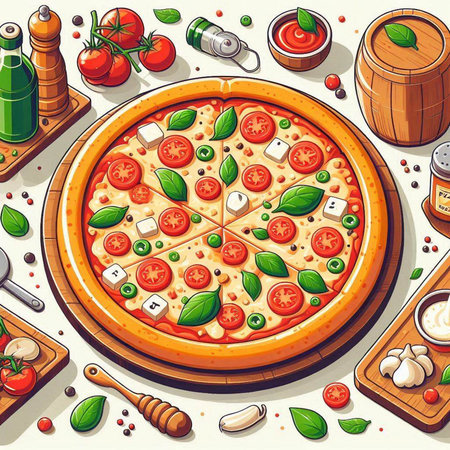 Pizza and ingredients for cooking. Vector illustration in cartoon style.のイラスト素材