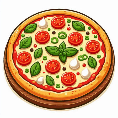 Illustration of a pizza with tomato, mozzarella and basilのイラスト素材