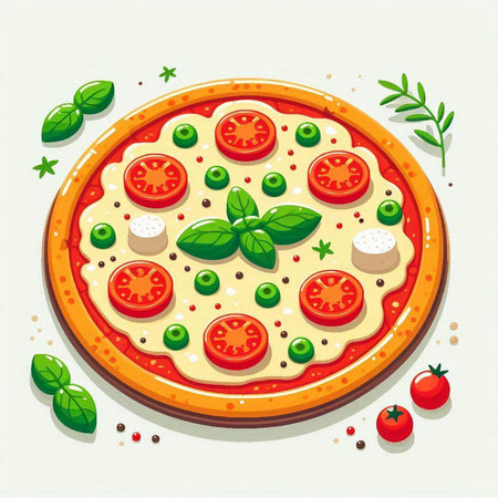 Pizza with mozzarella, tomatoes and basil. Vector illustrationのイラスト素材
