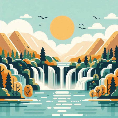 Waterfall in the forest and mountains. Vector illustration in flat styleのイラスト素材