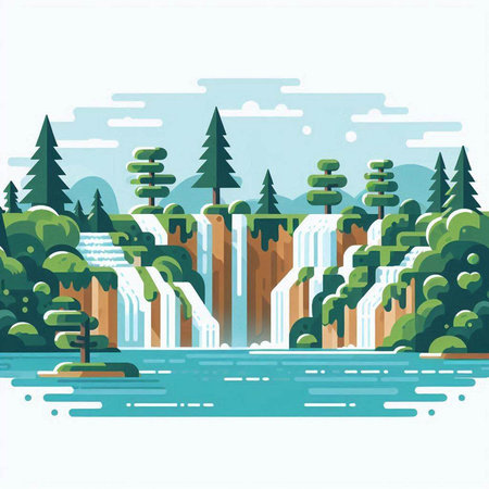 Waterfall on the river in the forest. Flat style vector illustration.のイラスト素材