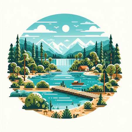 Landscape with mountains and lake. Vector illustration in retro style.のイラスト素材