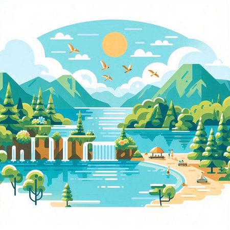 Landscape with lake, mountains and forest. Vector illustration in flat styleのイラスト素材