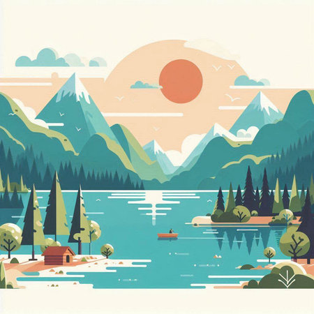 Landscape with lake, mountains, forest and boats. Vector illustration.のイラスト素材