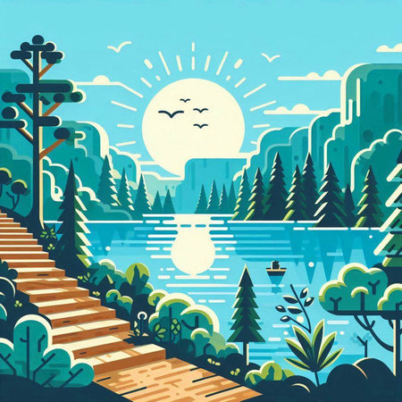 Landscape with lake, forest and wooden path. Vector illustration.のイラスト素材