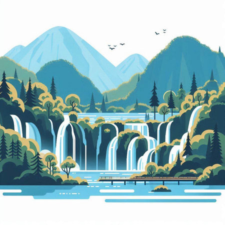 Waterfall in the mountains. Waterfall in the forest. Vector illustration.のイラスト素材